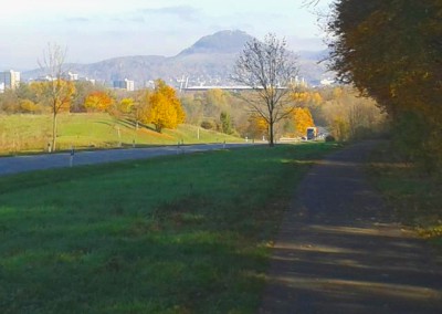 Radweg Richtung Reutlingen mit Stadiondach und Achalm im Hintergrund